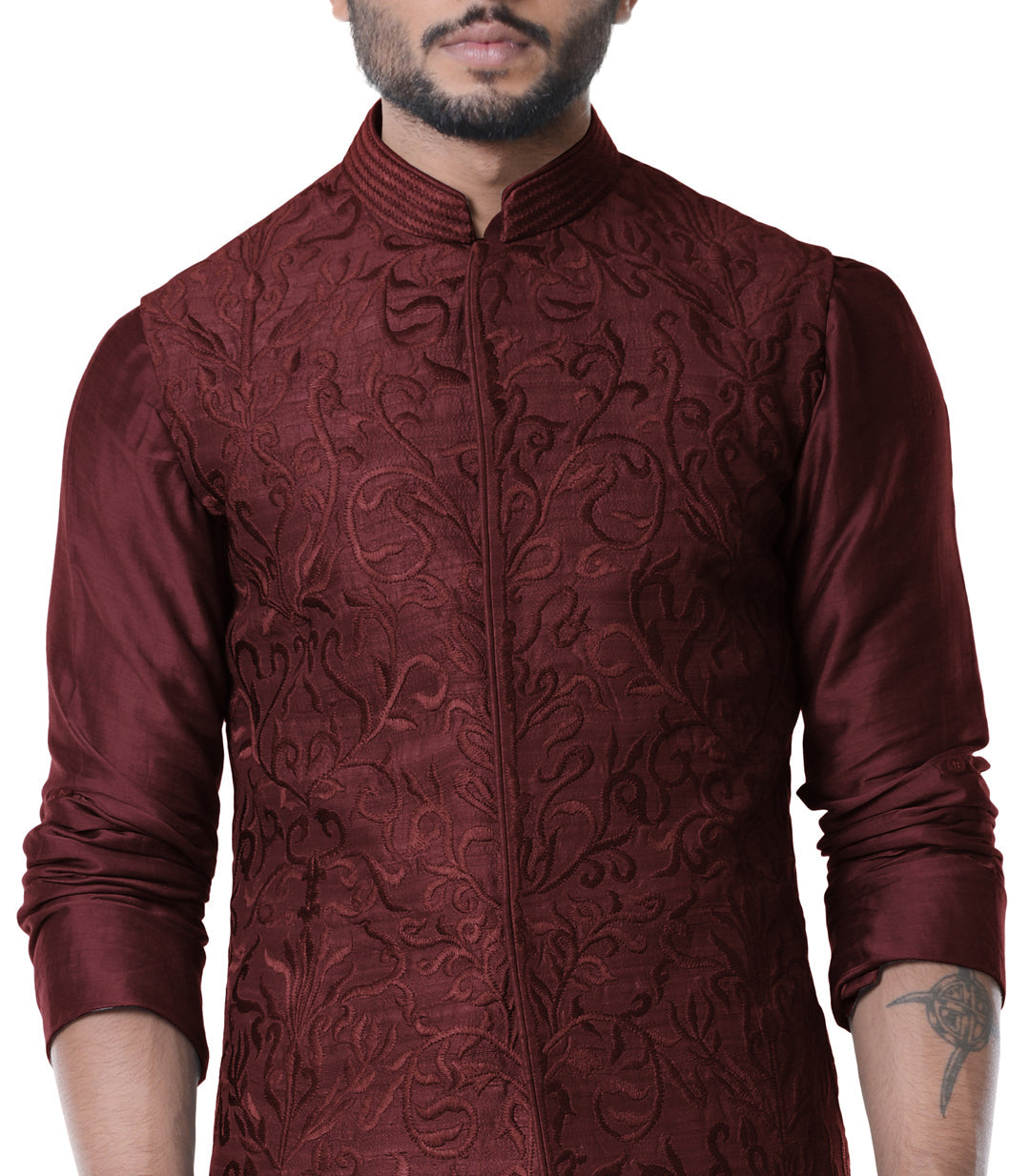 Wine Cowl Kurta with Full Embroidered Wine Waist Coat set.