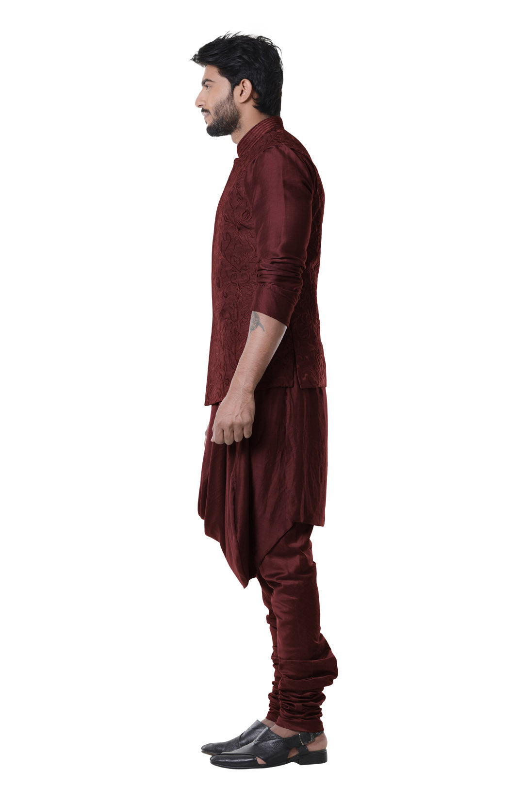 Wine Cowl Kurta with Full Embroidered Wine Waist Coat set.