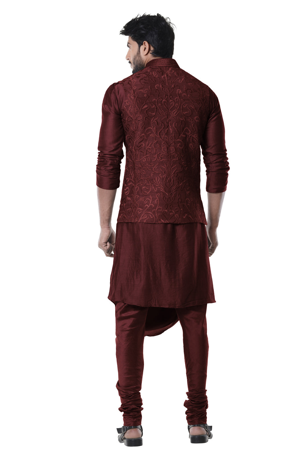 Wine Cowl Kurta with Full Embroidered Wine Waist Coat set.