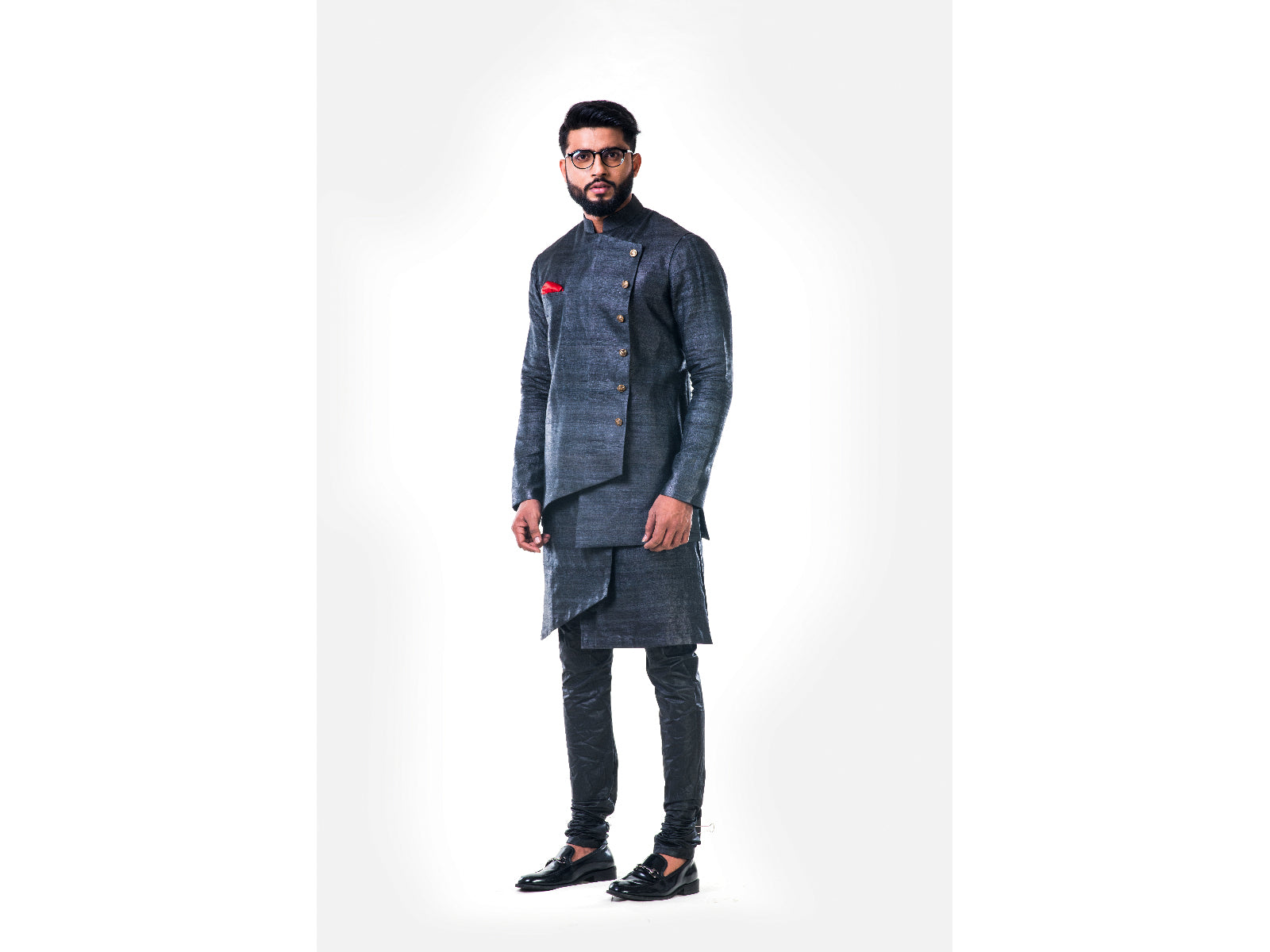 Charcoal Black Overlapped Ghicha Kurta & Jacket Set