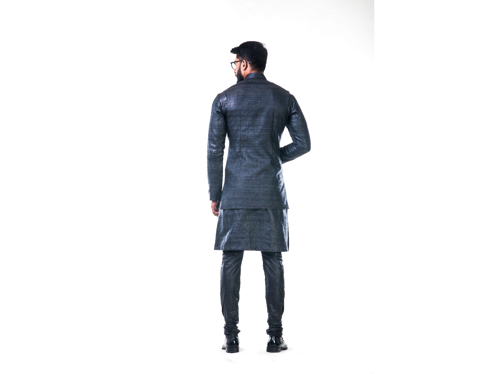 Charcoal Black Overlapped Ghicha Kurta & Jacket Set