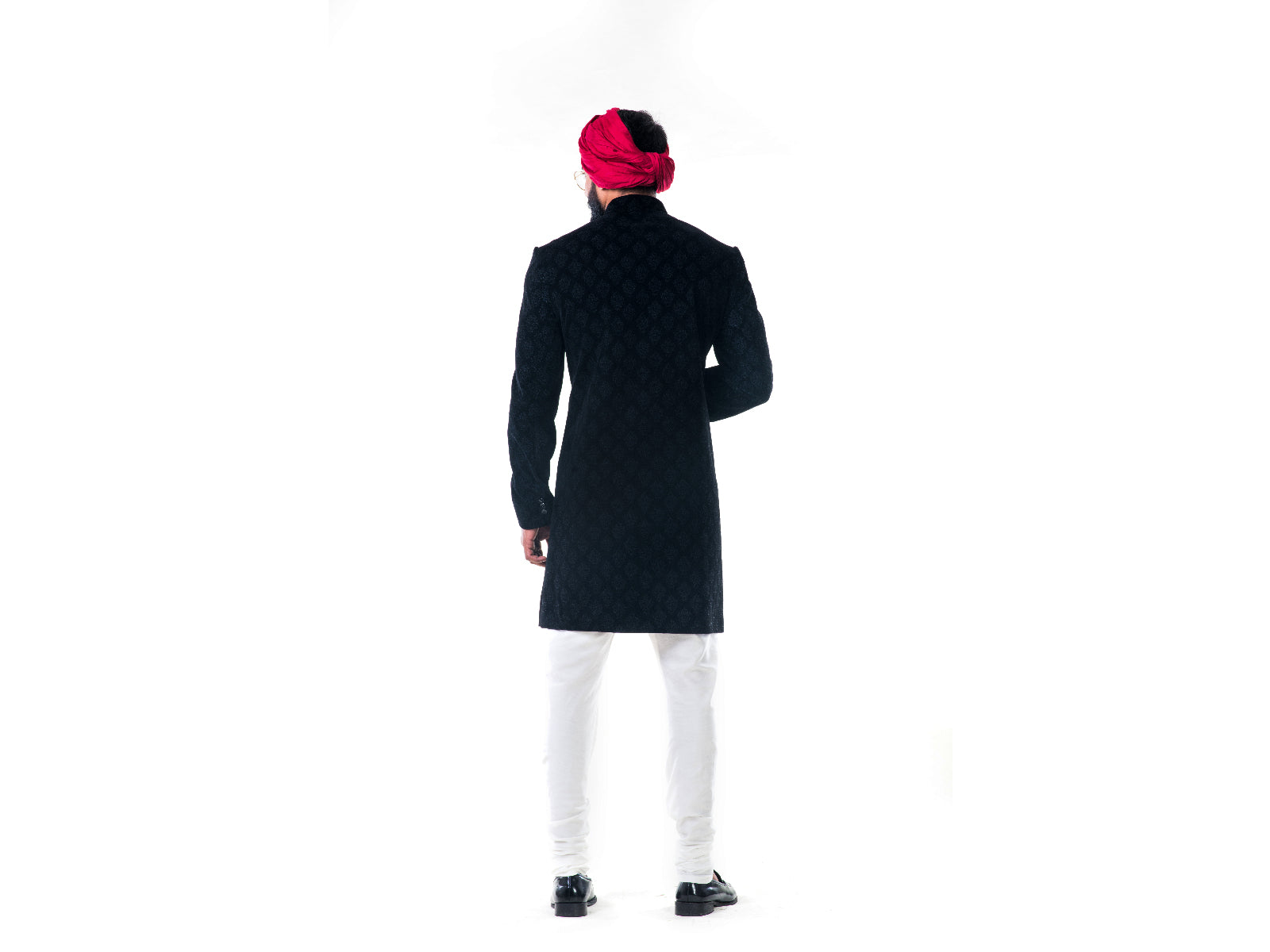 Black Velvet Self Embroidered Sherwani Set