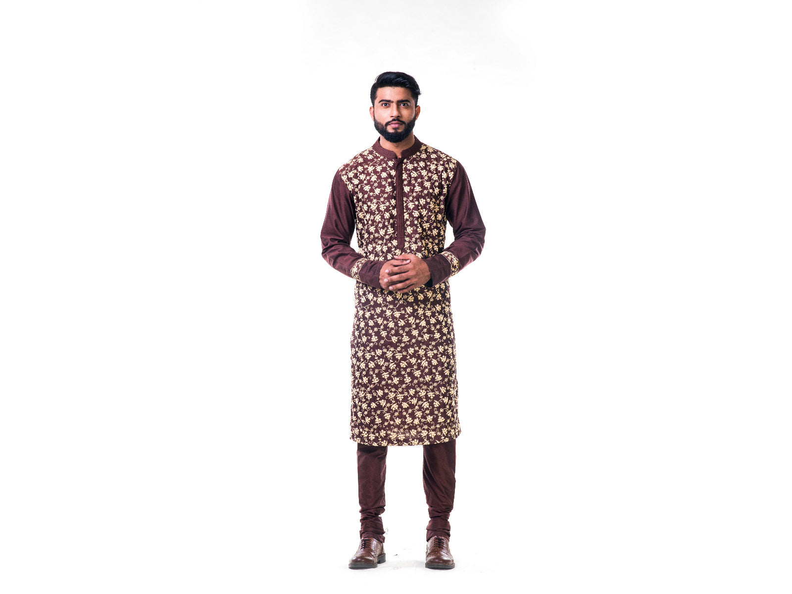 Chocolate Brown Katan Silk Pintuck Cord Embroidered Kurta Set