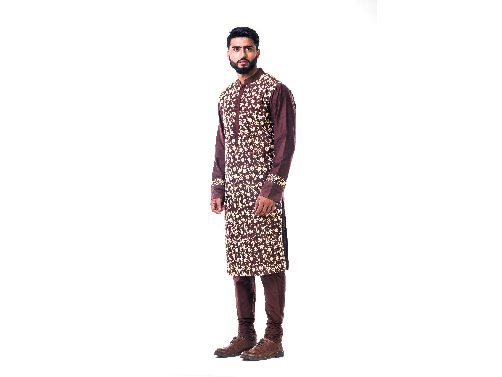 Chocolate Brown Katan Silk Pintuck Cord Embroidered Kurta Set