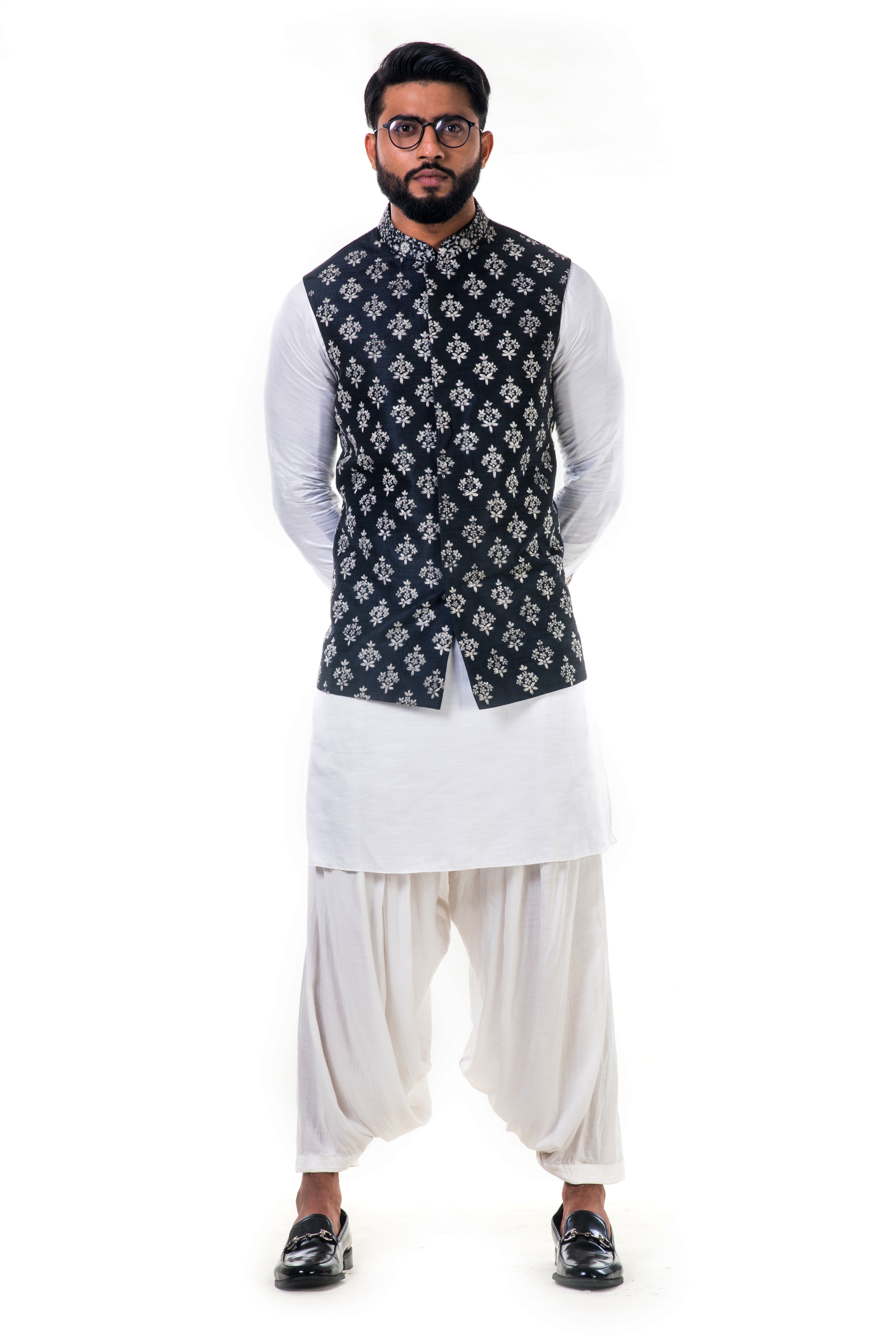 White Linen Satin Kurta Set With a  Black Silk Nehru Jacket With White Cord Floral Embroidery