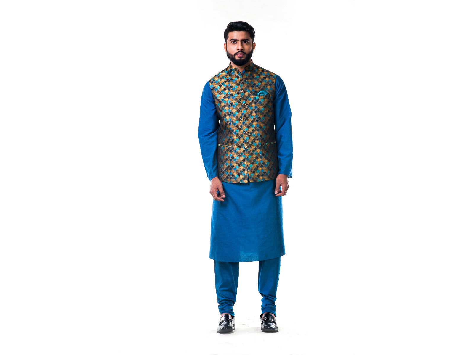 Blue Katan Silk Kurta Set With a Multicolour Scallop Nehru Jacket
