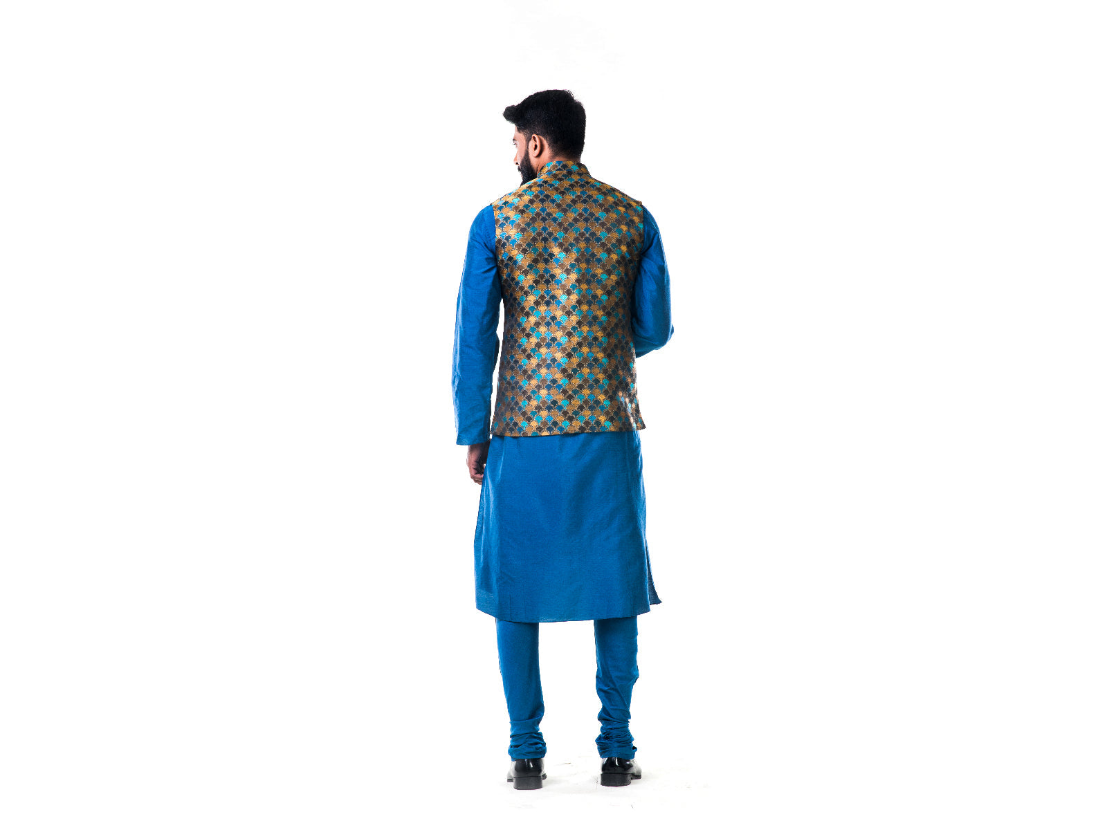 Blue Katan Silk Kurta Set With a Multicolour Scallop Nehru Jacket
