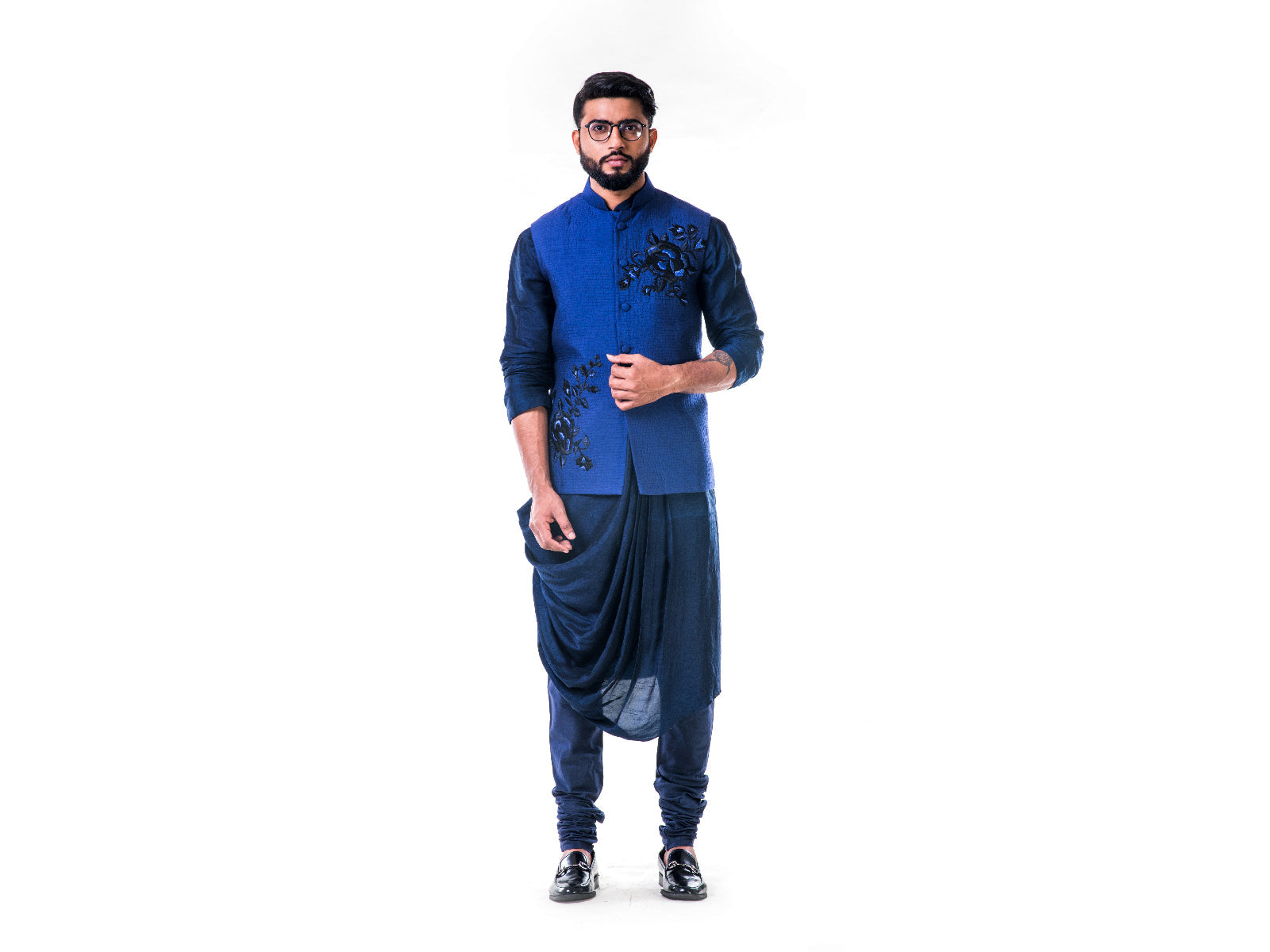 Blue Quilted Jacket With Thread Work Embroidery