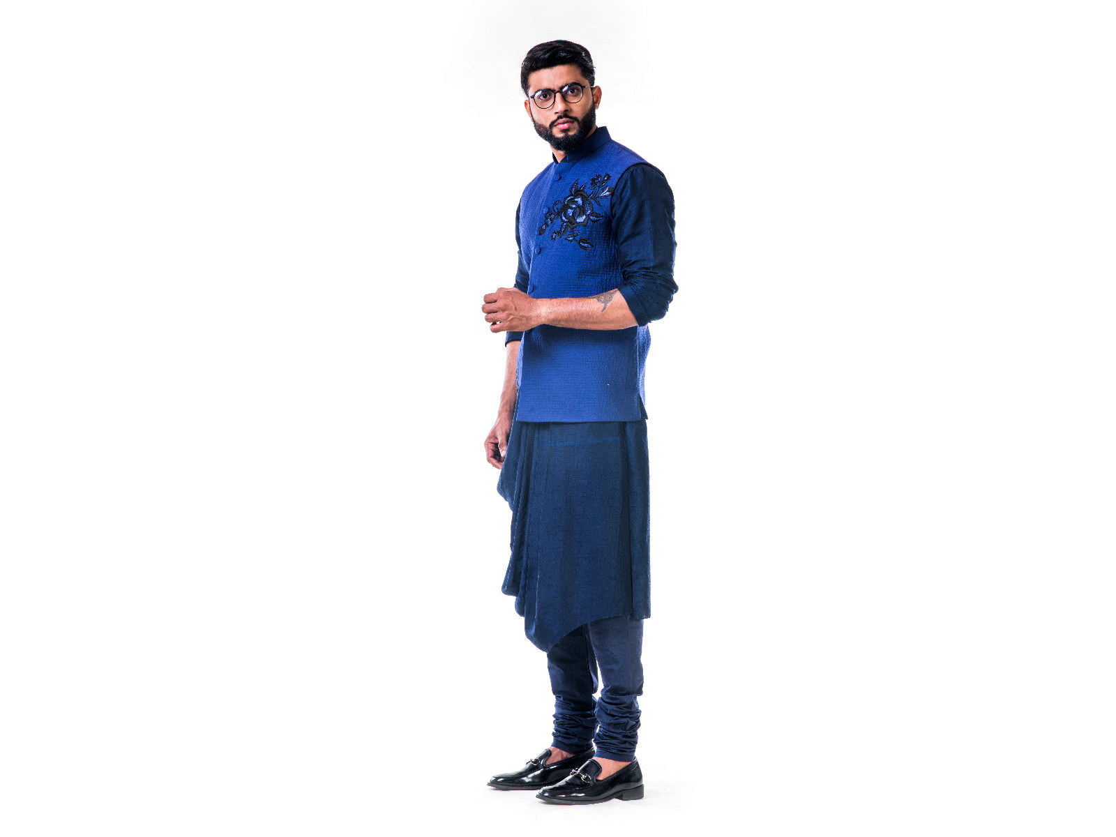 Blue Quilted Jacket With Thread Work Embroidery
