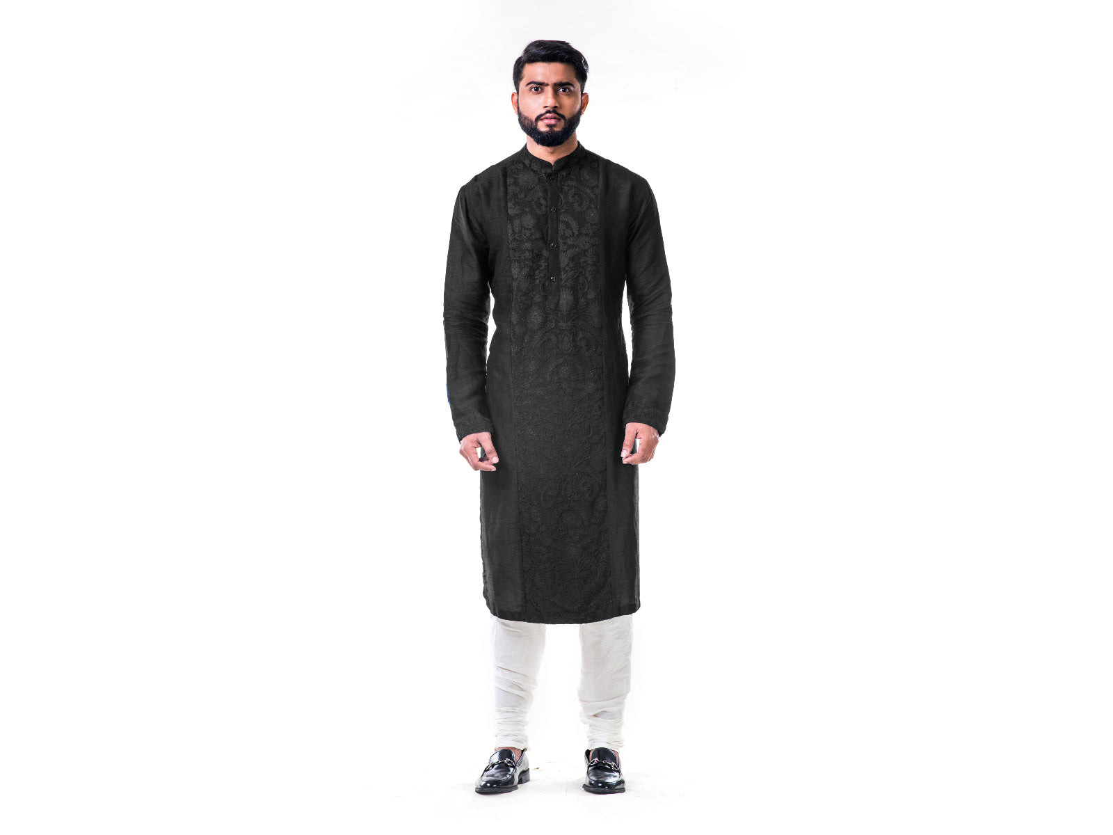 Black Ari Embroidery Silk Kurta Set.