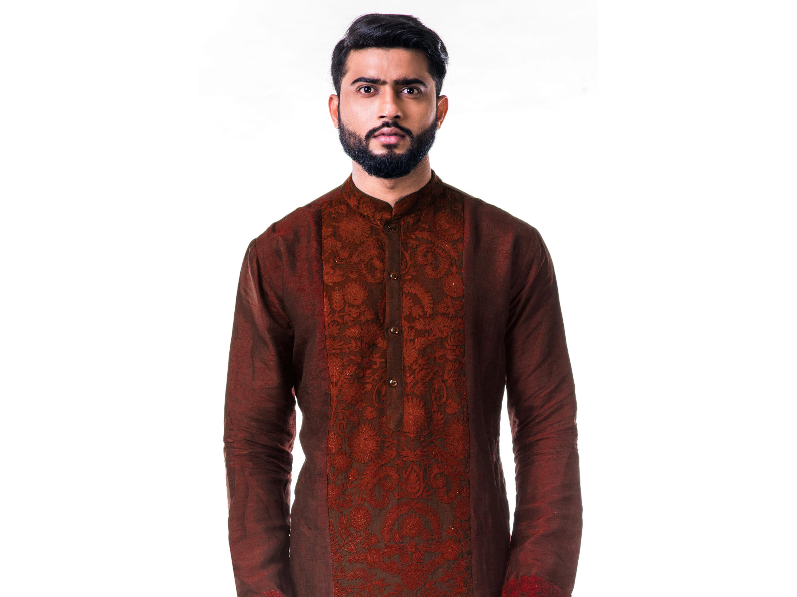 Maroon Ari Embroidery Silk Kurta Set.
