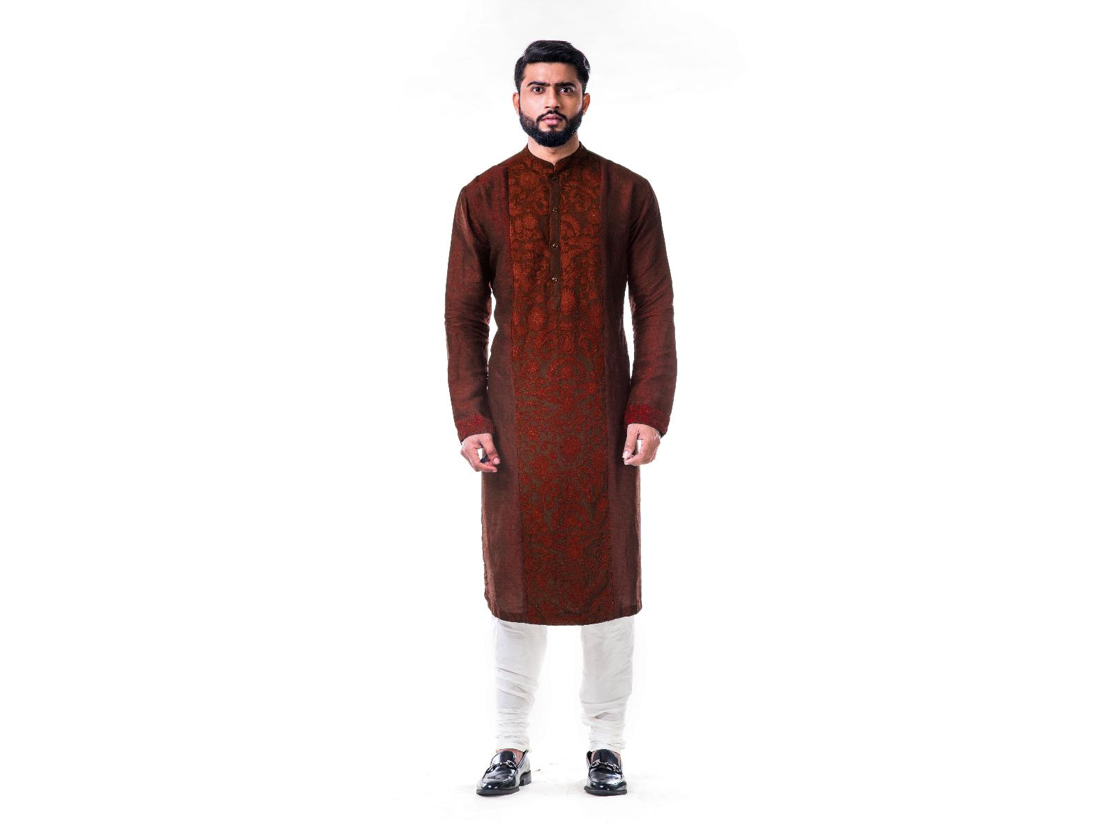 Maroon Ari Embroidery Silk Kurta Set.