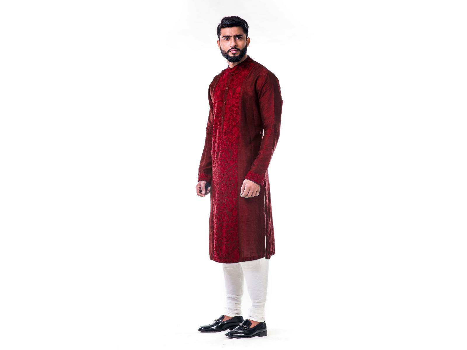 Maroon Ari Embroidery Silk Kurta Set.