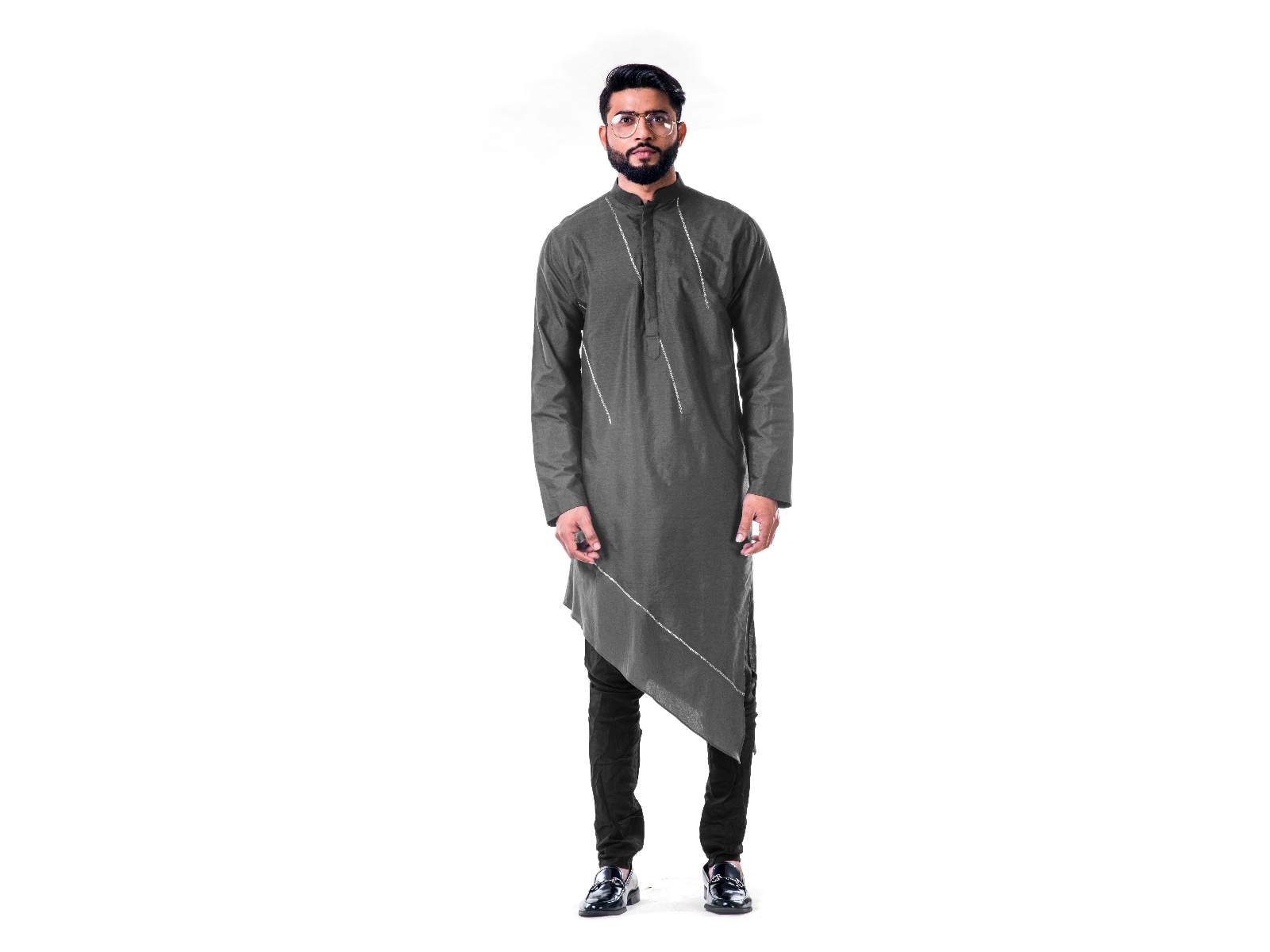 Grey  Asymmetrical Hemline Embroidered kurta Set