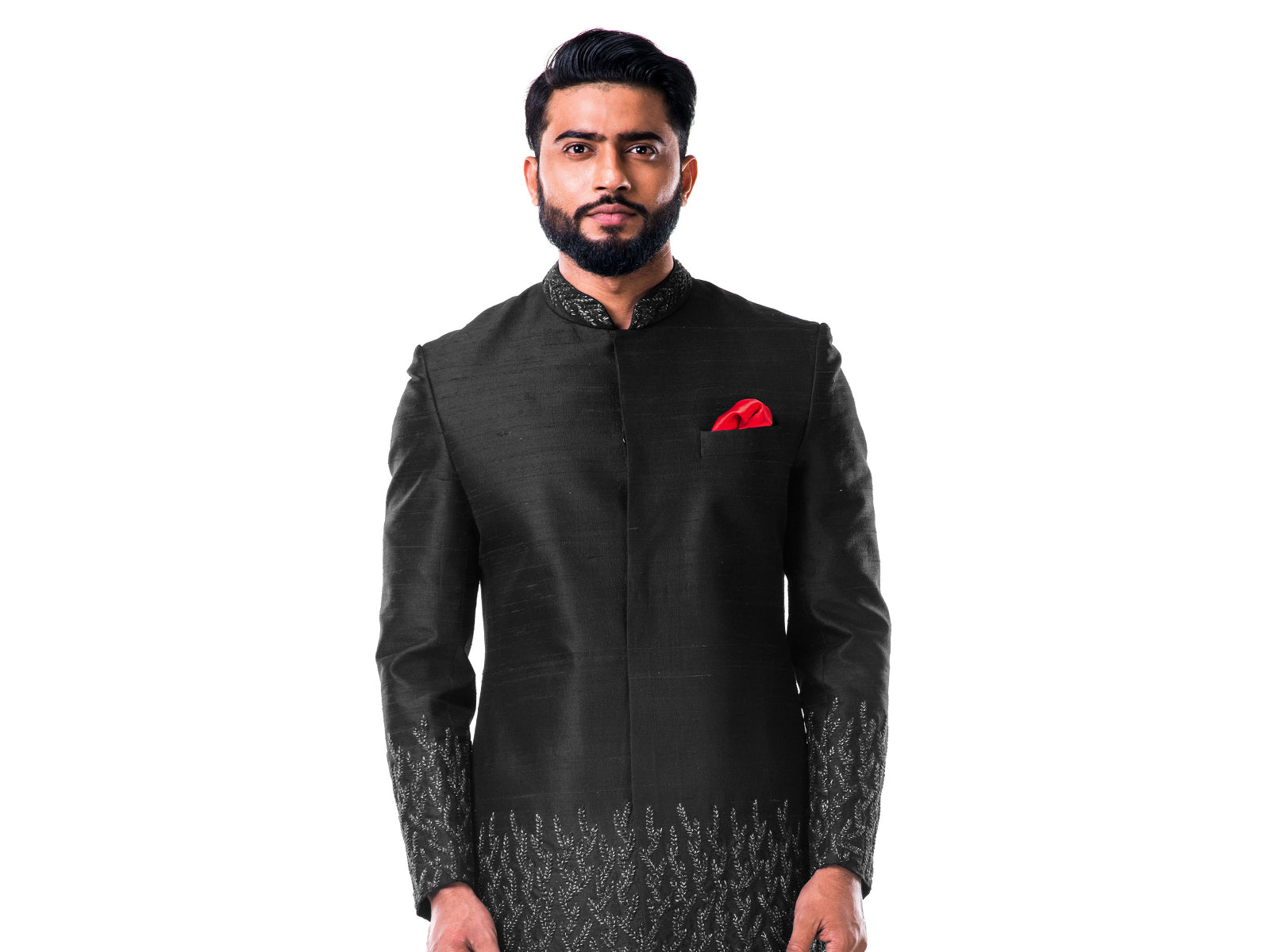 Black Hand Embroidered Thread Work Sherwani Set