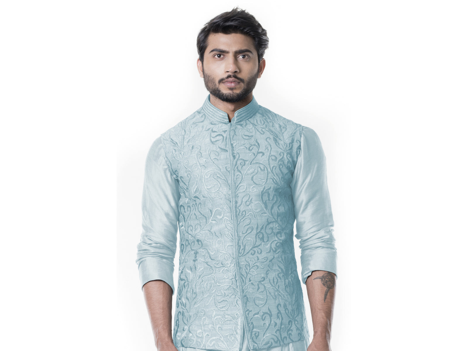 Light Blue Cowl Kurta with Full Embroidered Blue Waist Coat set.
