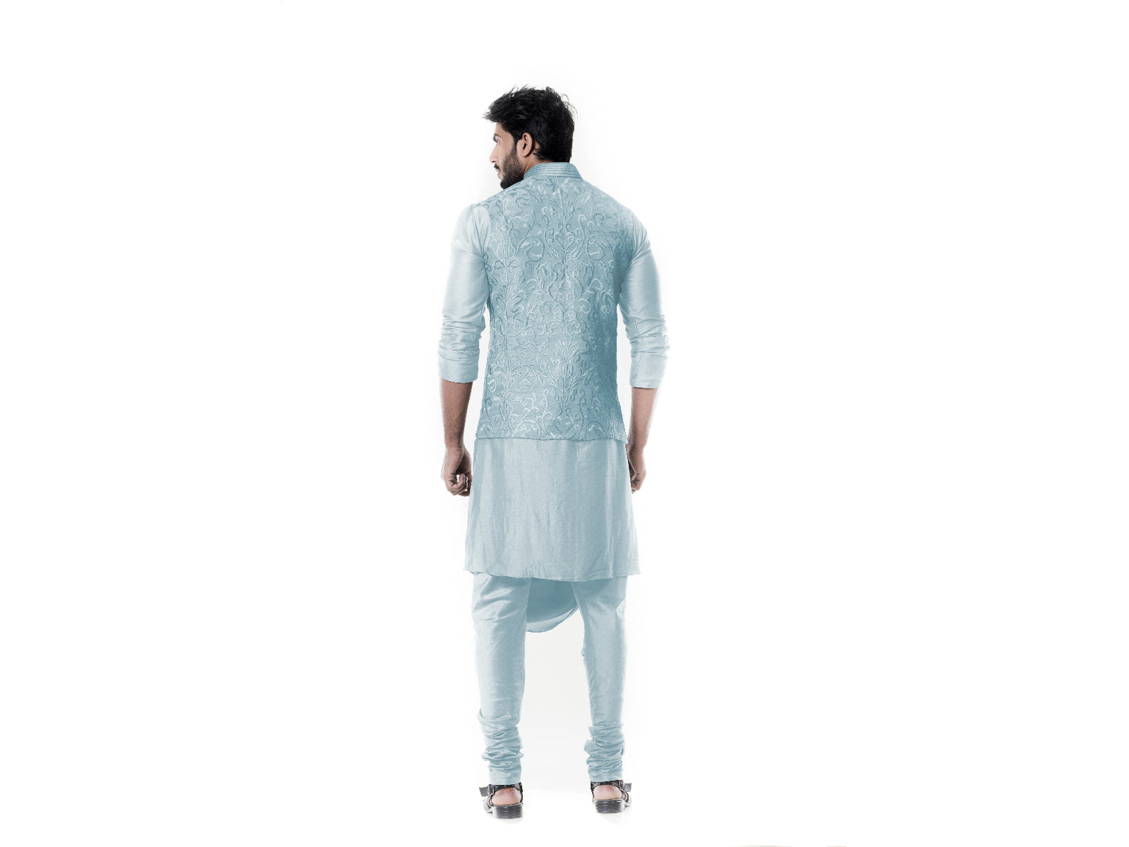 Light Blue Cowl Kurta with Full Embroidered Blue Waist Coat set.