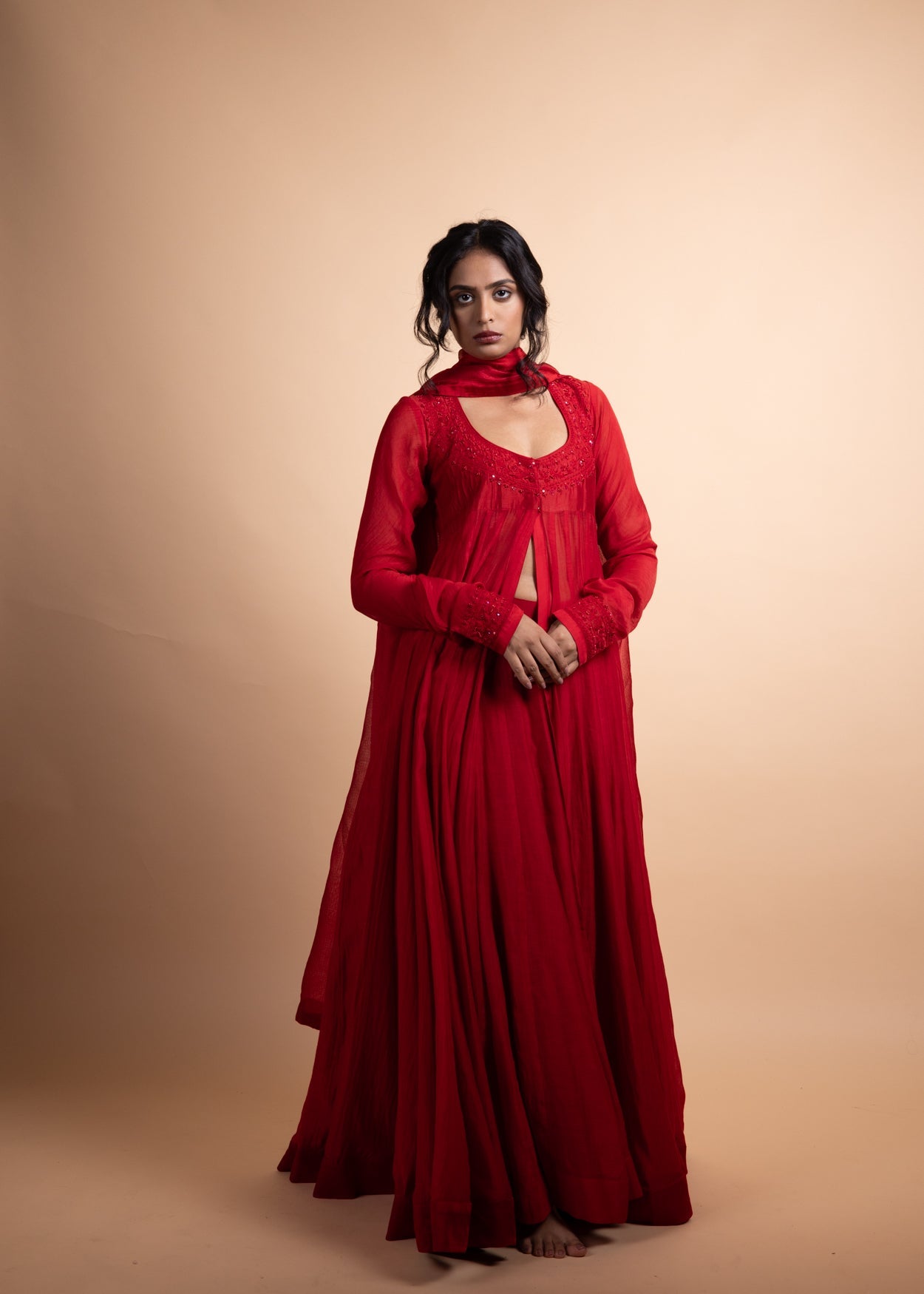 Tisha - Red Chanderi Anarkali Suit Set with Soft Shantoon Lining, Adorned with Exquisite Ari-Zardozi Embroidery and Finished with Poly Satin Facing