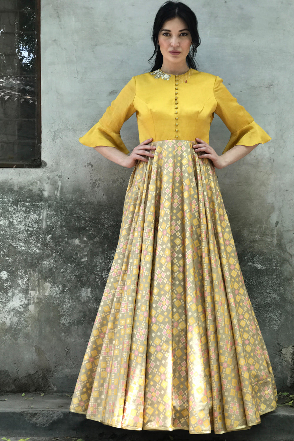 Beige Mustard   Ikat Printed Gown