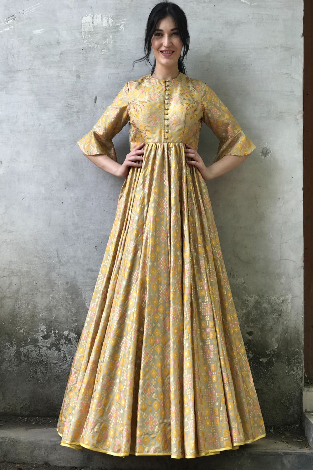 Golden Beige  Ikat Printed Gown