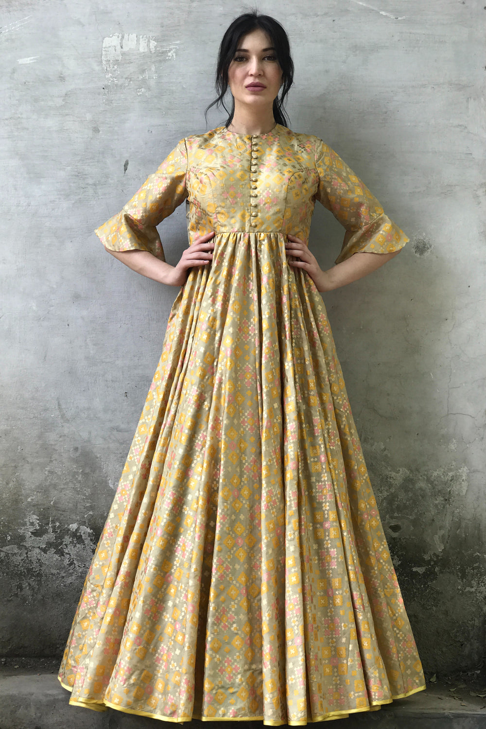 Golden Beige  Ikat Printed Gown