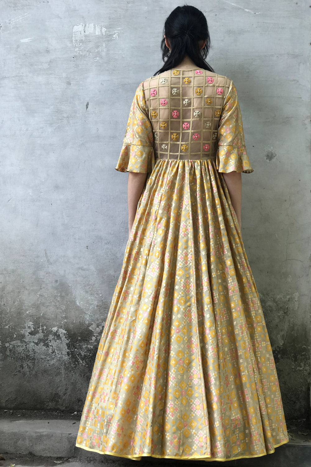 Golden Beige  Ikat Printed Gown