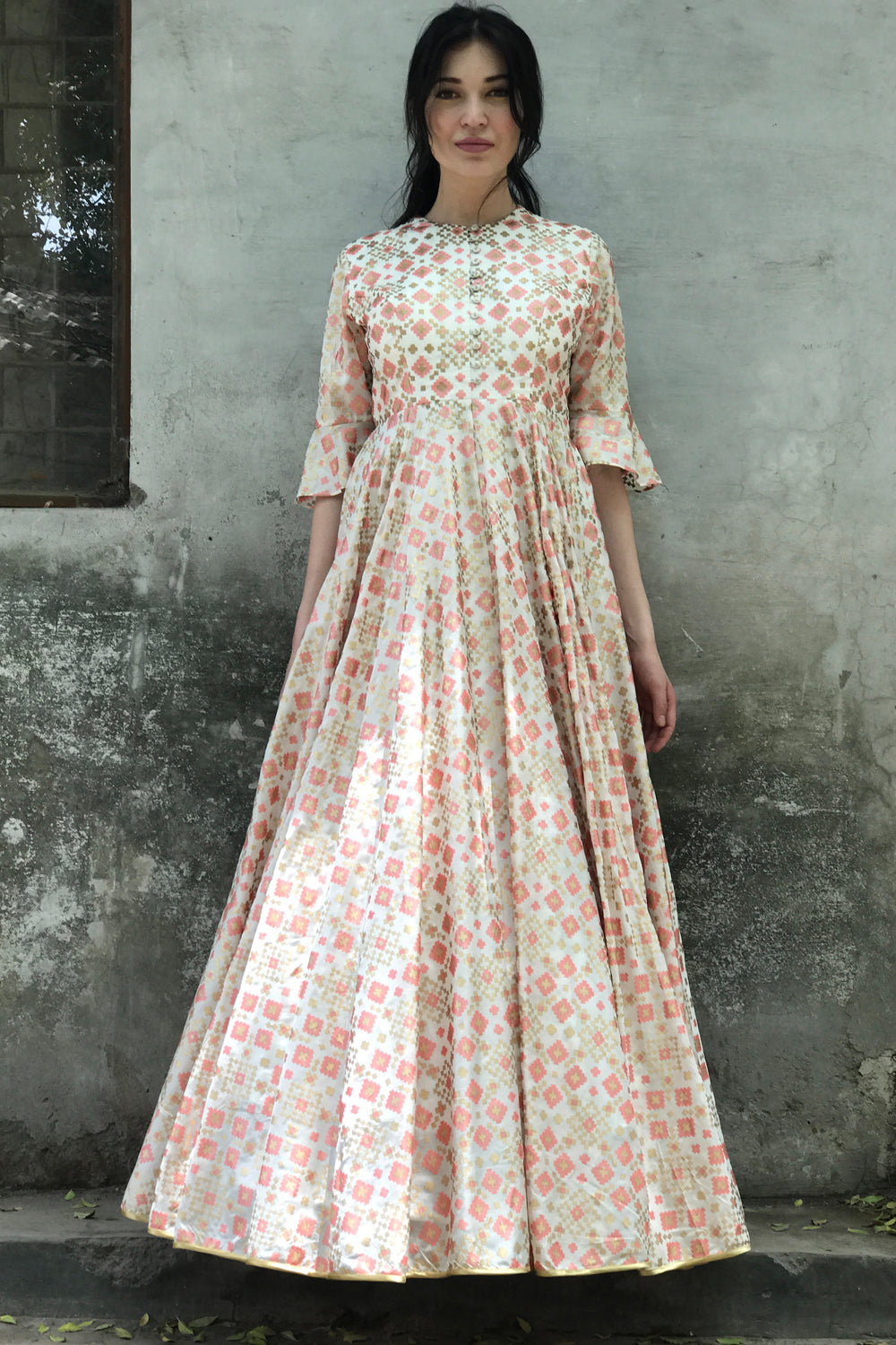 Ivory Ikat Printed Gown