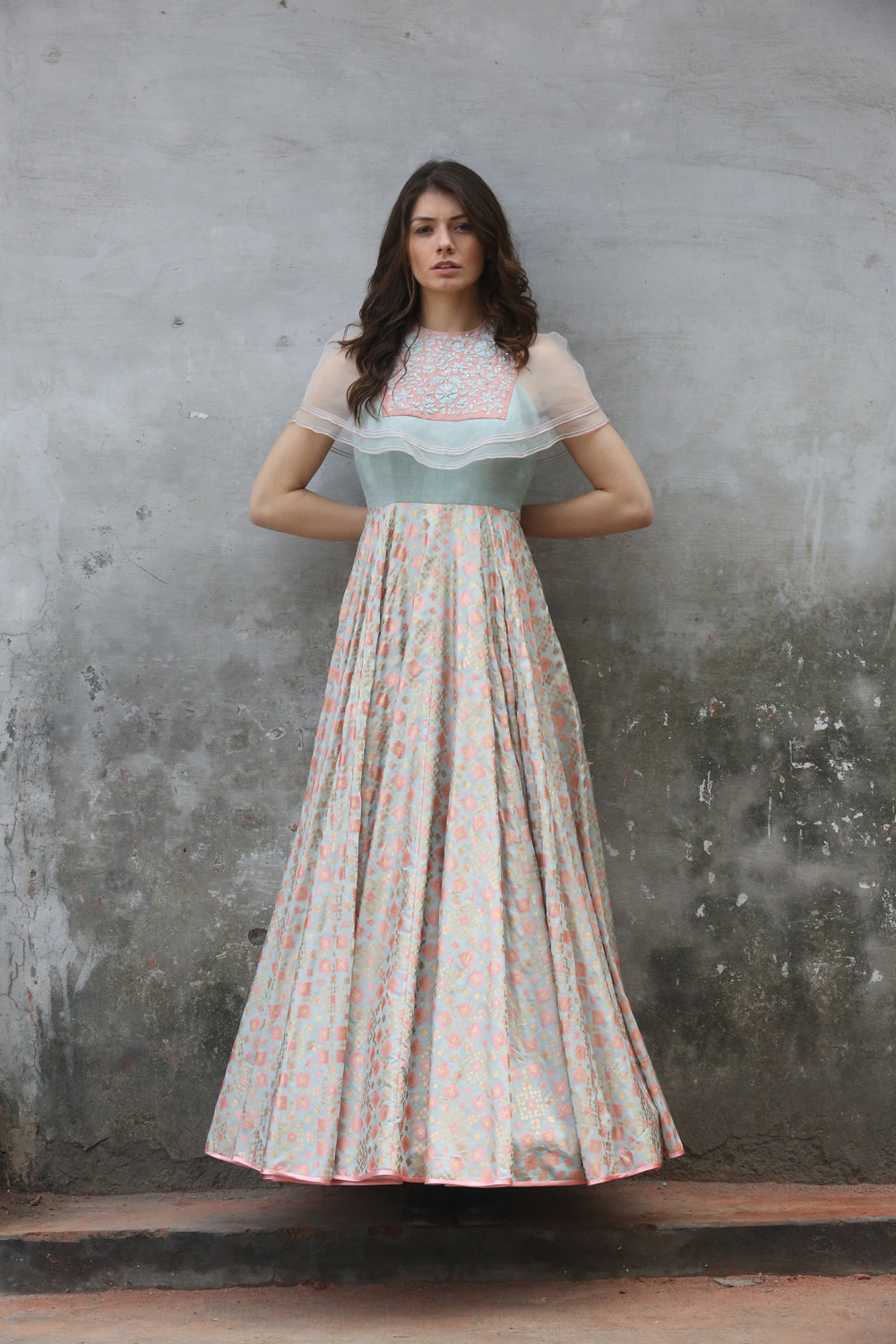 Mint Cape Style Ikat Printed Gown