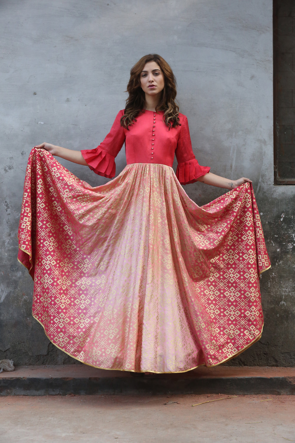 Peach Pink Ombre Ikat Printed Gown With Yoke