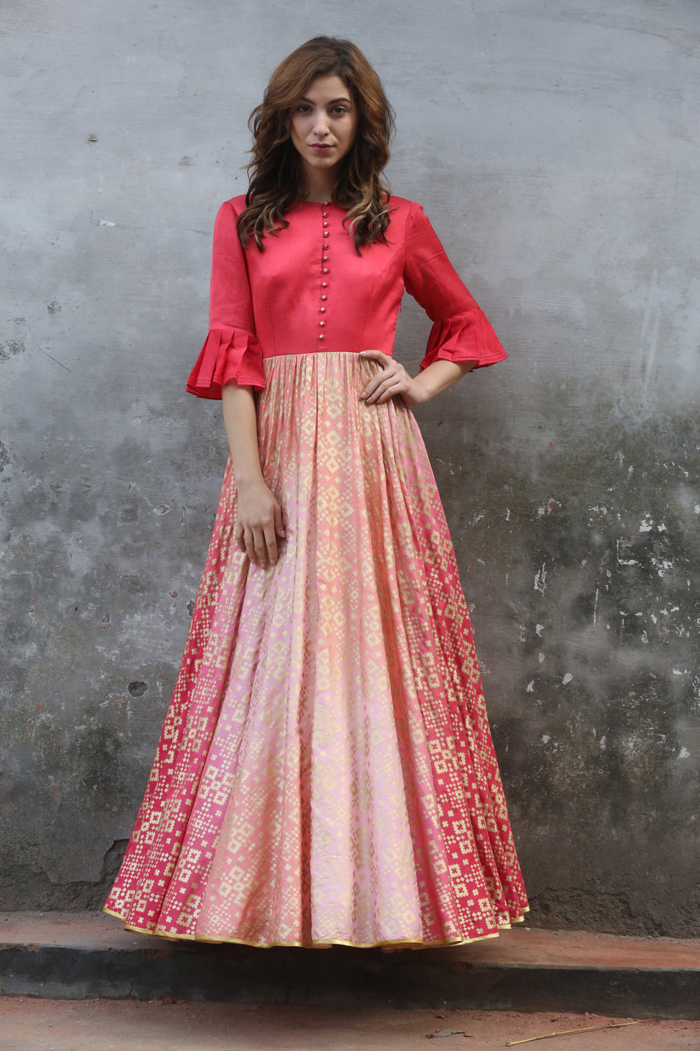 Peach Pink Ombre Ikat Printed Gown With Yoke