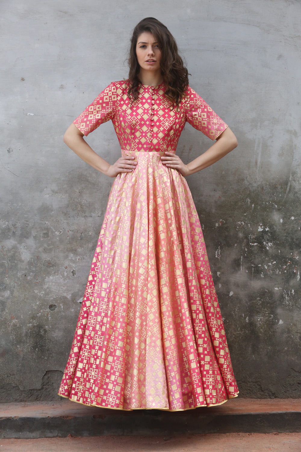 Peach Pink Ombre Ikat Printed Gown