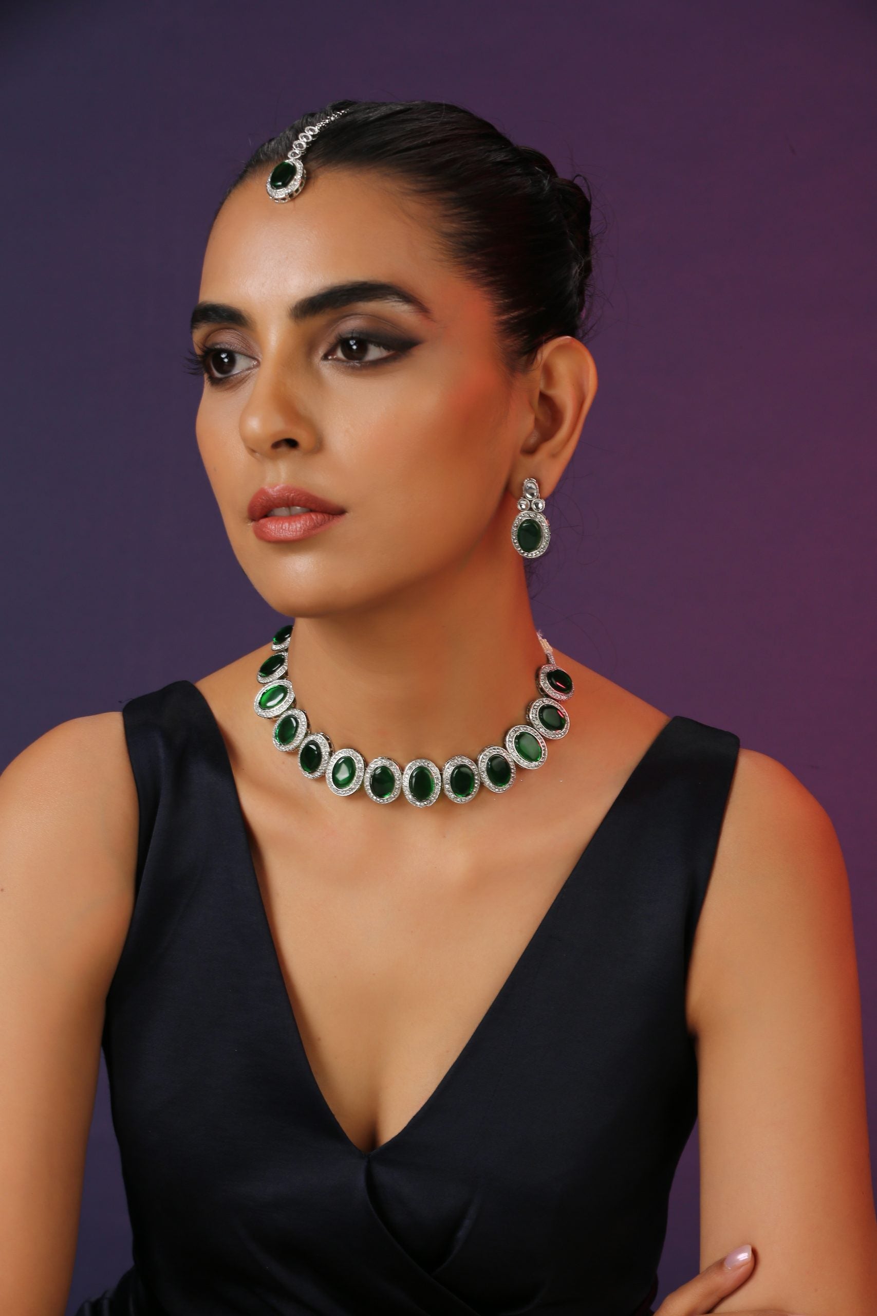 Green Silver Tone Zirconia Necklace Set with Maang Tikka