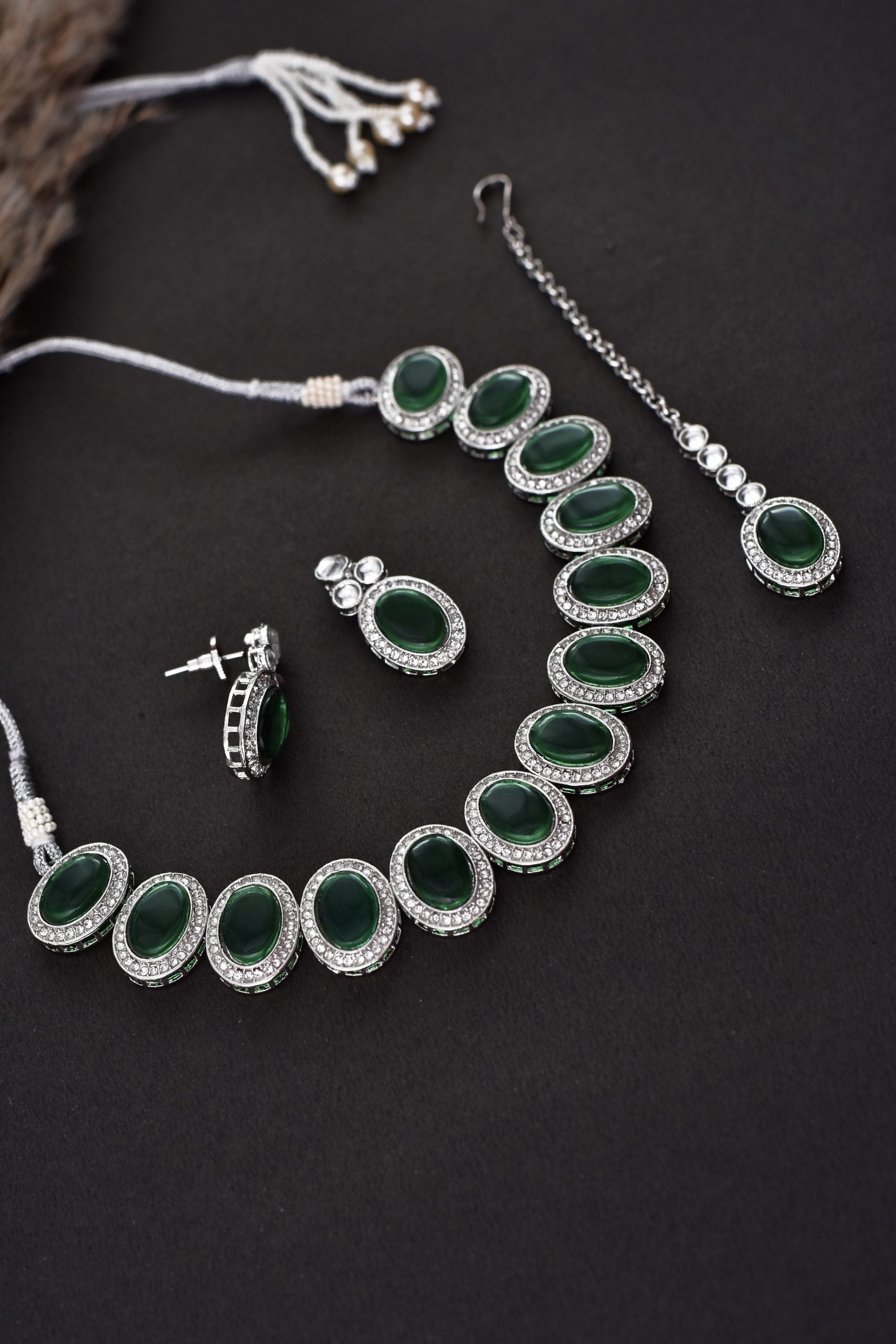 Green Silver Tone Zirconia Necklace Set with Maang Tikka