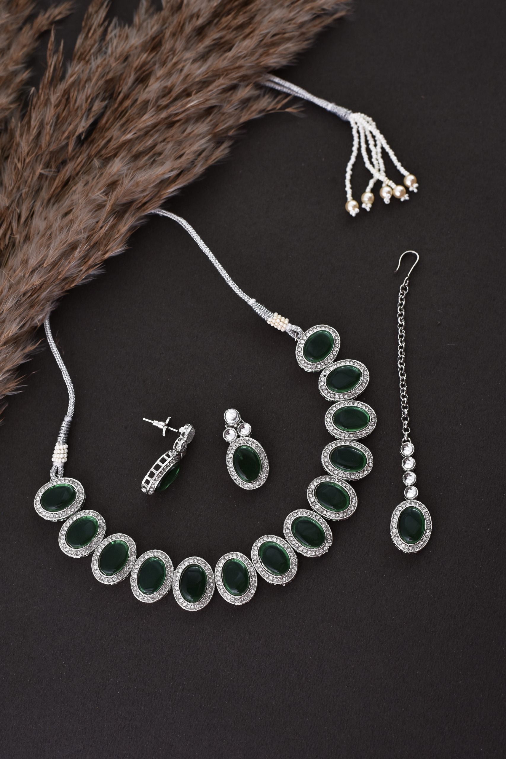 Green Silver Tone Zirconia Necklace Set with Maang Tikka