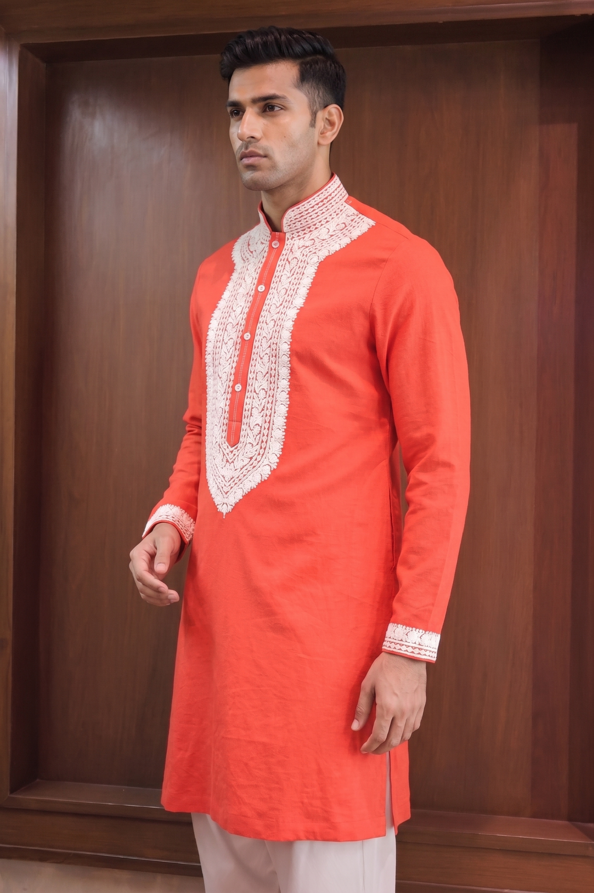 Red Threadwork Embroidered Silk Kurta