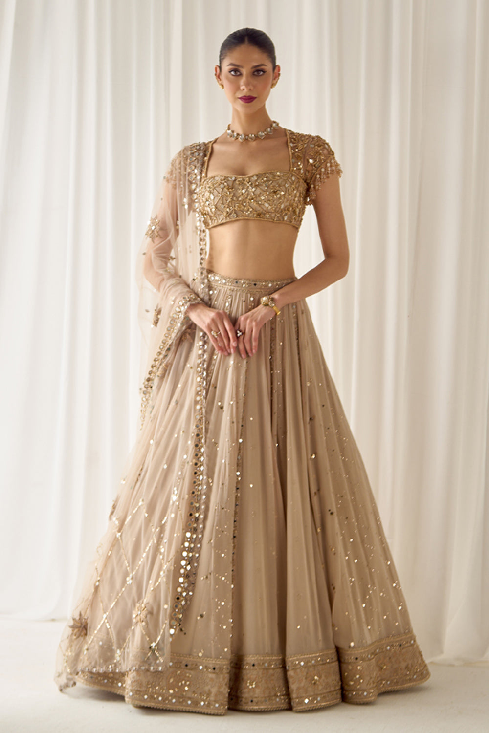Biege Mukaish and Mirrorwork Lehenga Set