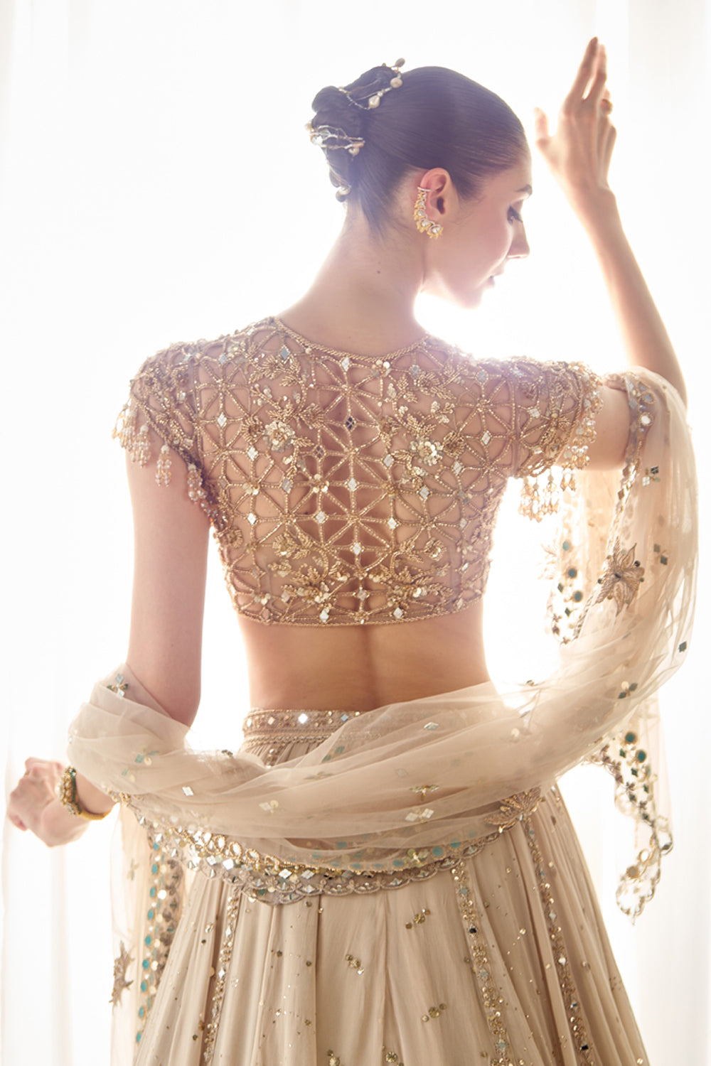 Biege Mukaish and Mirrorwork Lehenga Set