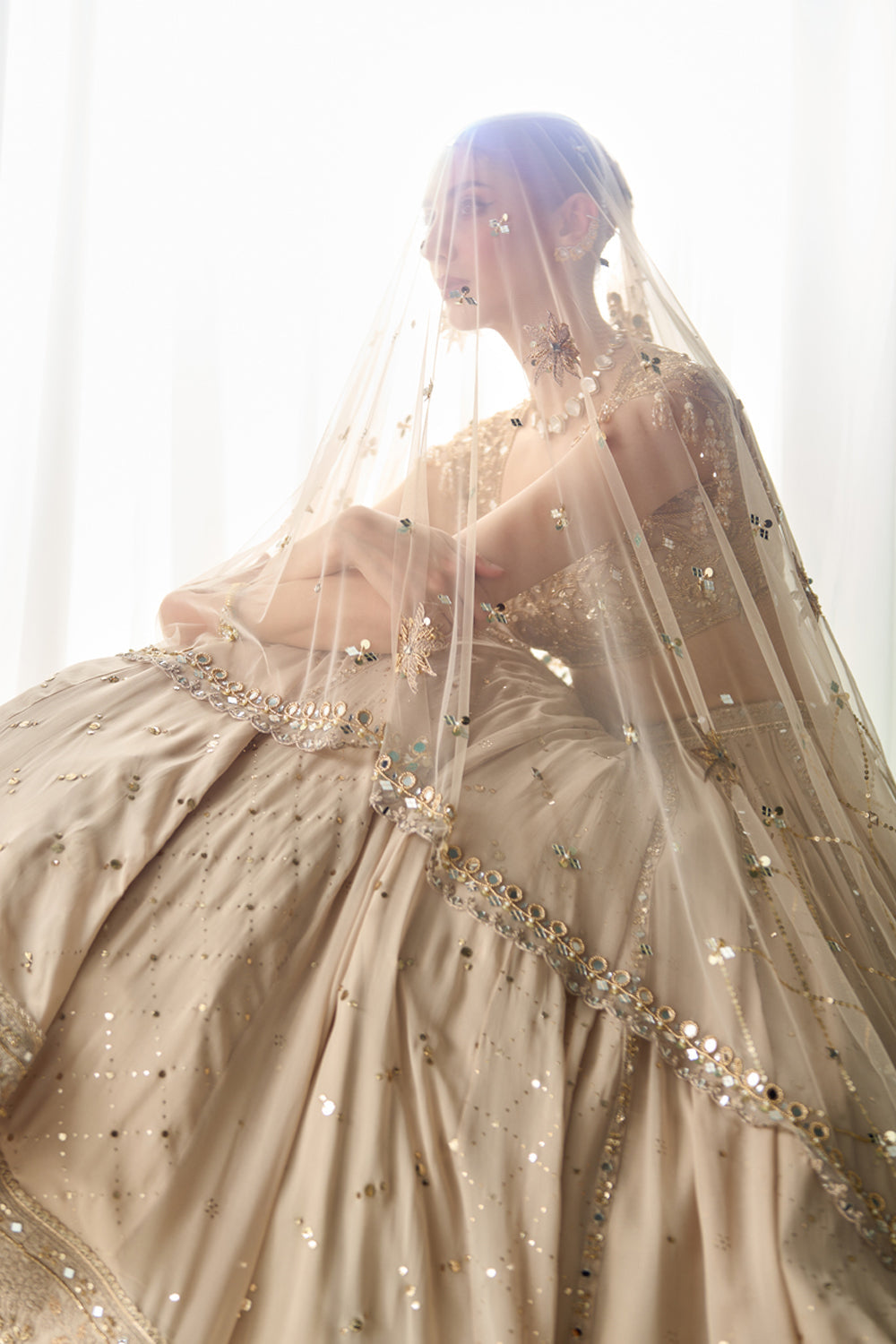 Biege Mukaish and Mirrorwork Lehenga Set