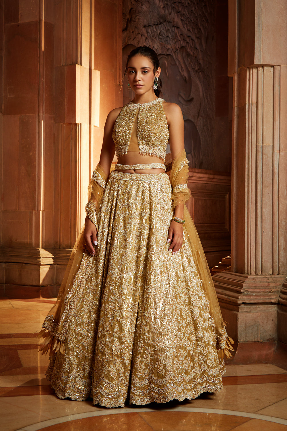 Gold Tulle Sequin Embroidered Lehenga Set with Worked Belt