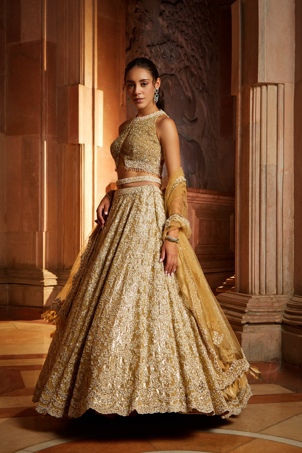 Gold Tulle Sequin Embroidered Lehenga Set with Worked Belt