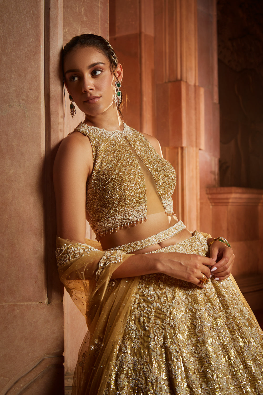 Gold Tulle Sequin Embroidered Lehenga Set with Worked Belt