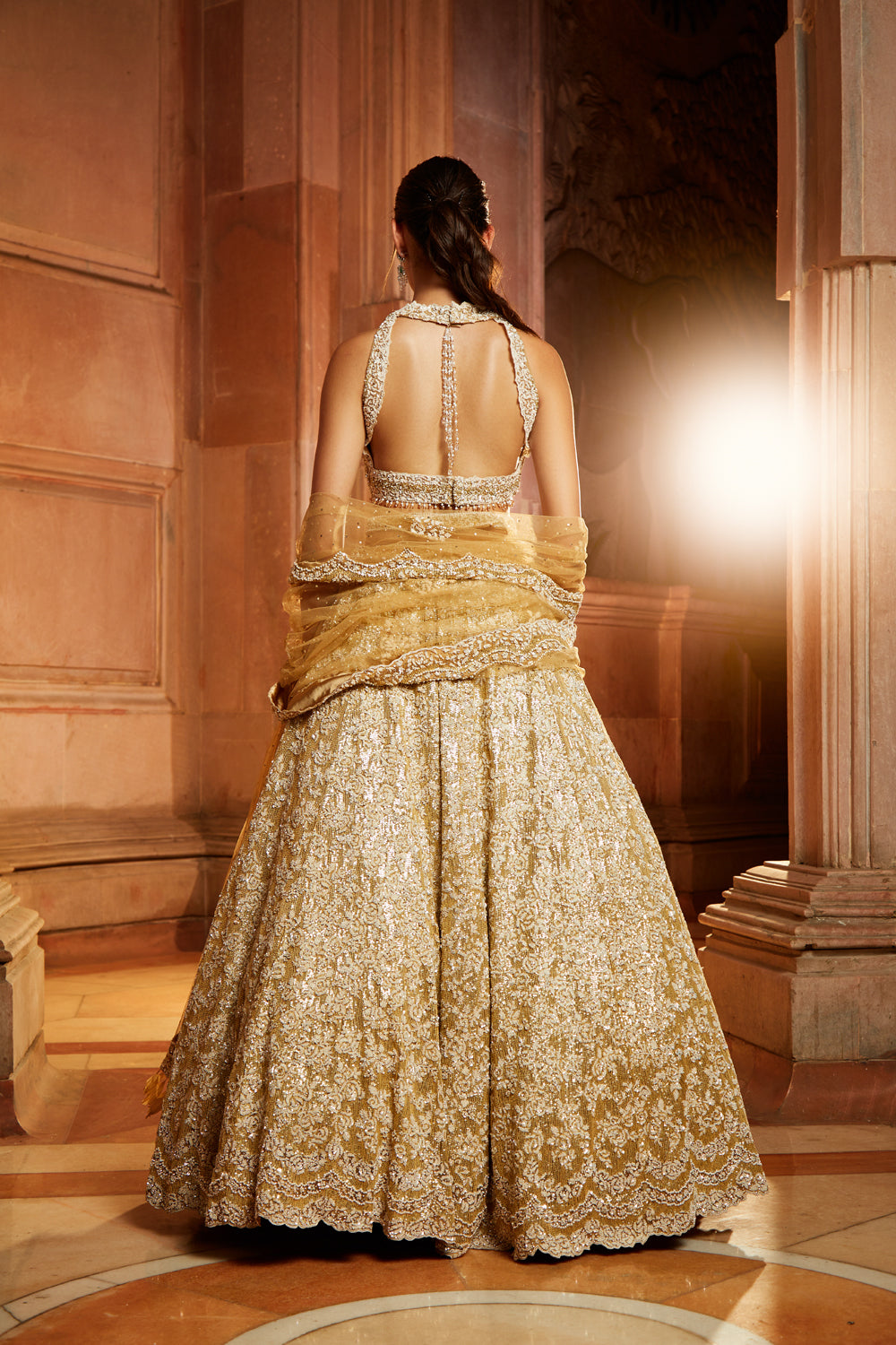 Gold Tulle Sequin Embroidered Lehenga Set with Worked Belt