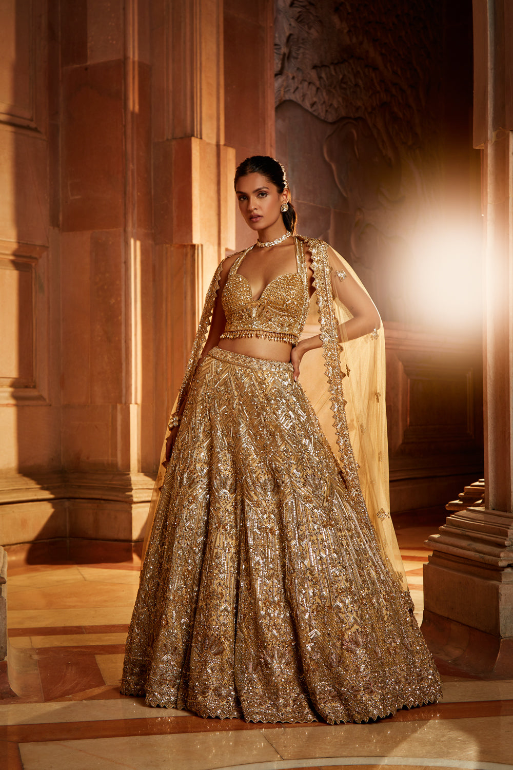 Gold Tulle Lehenga Choli Set with Intricate Antique Dori Embroidery