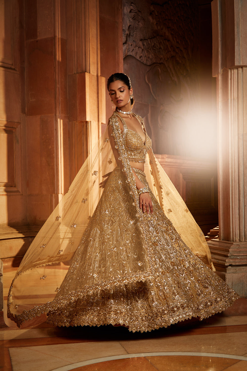 Gold Tulle Lehenga Choli Set with Intricate Antique Dori Embroidery