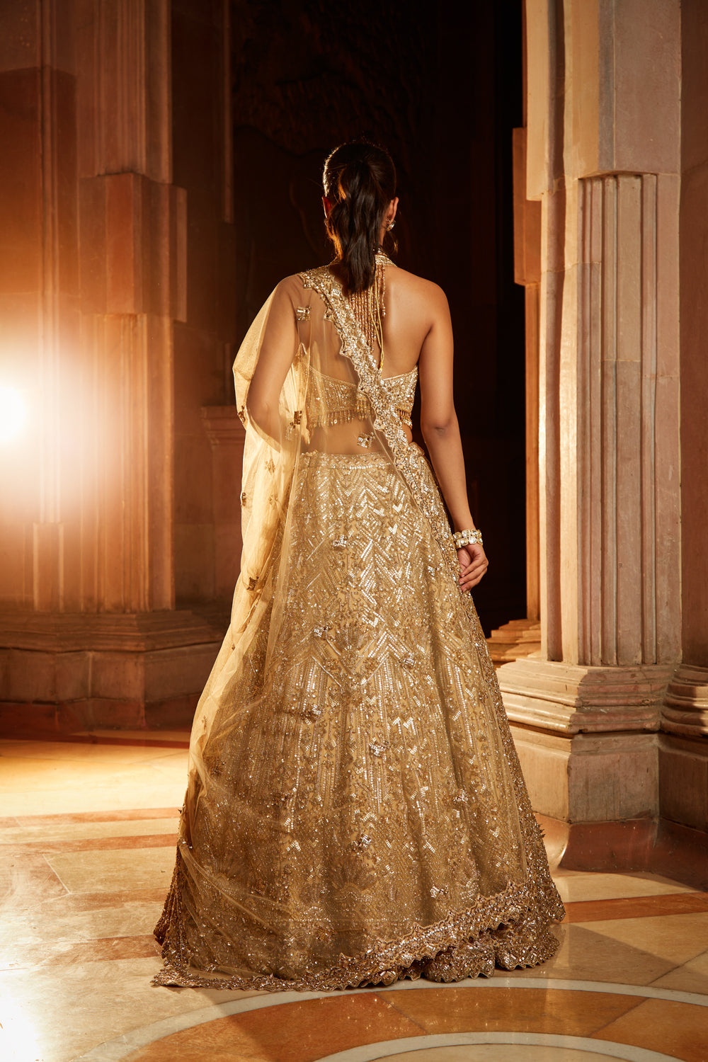 Gold Tulle Lehenga Choli Set with Intricate Antique Dori Embroidery