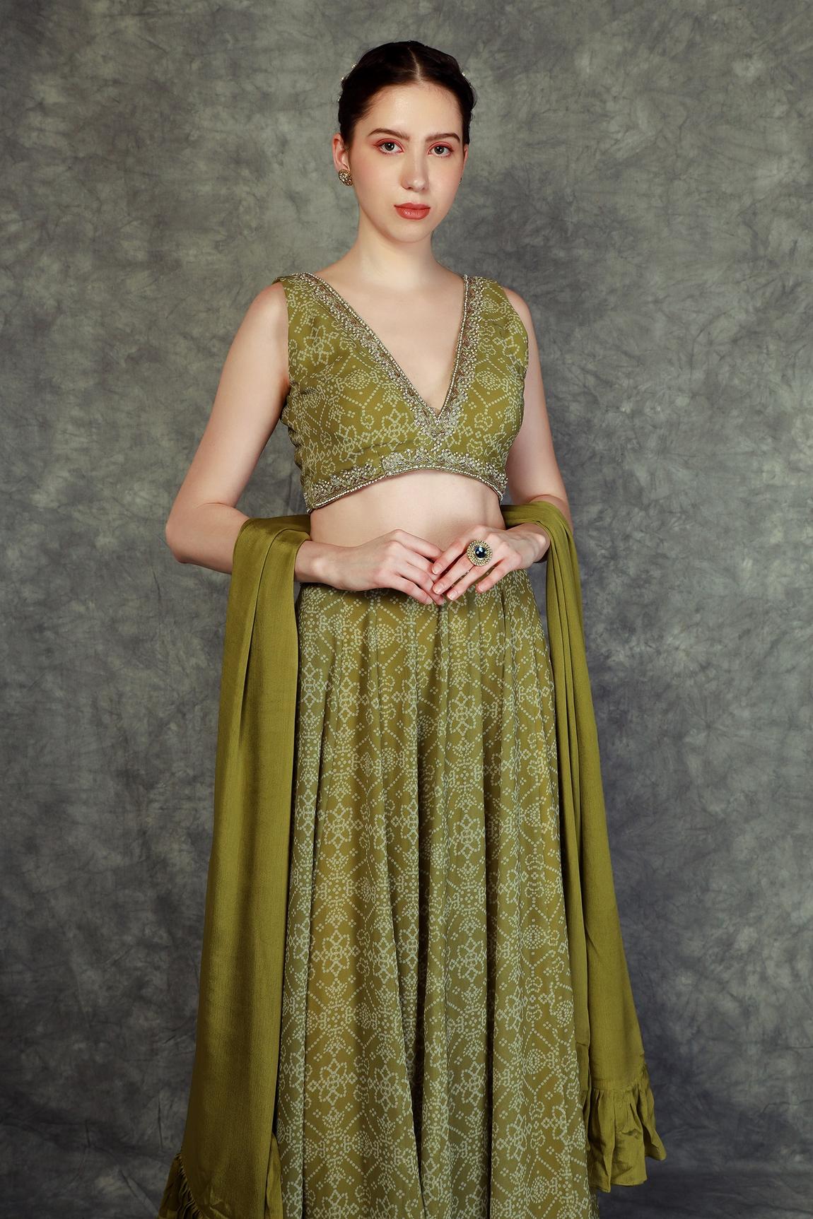 Green Chinon Bandhani Print Lehenga Set (RO)