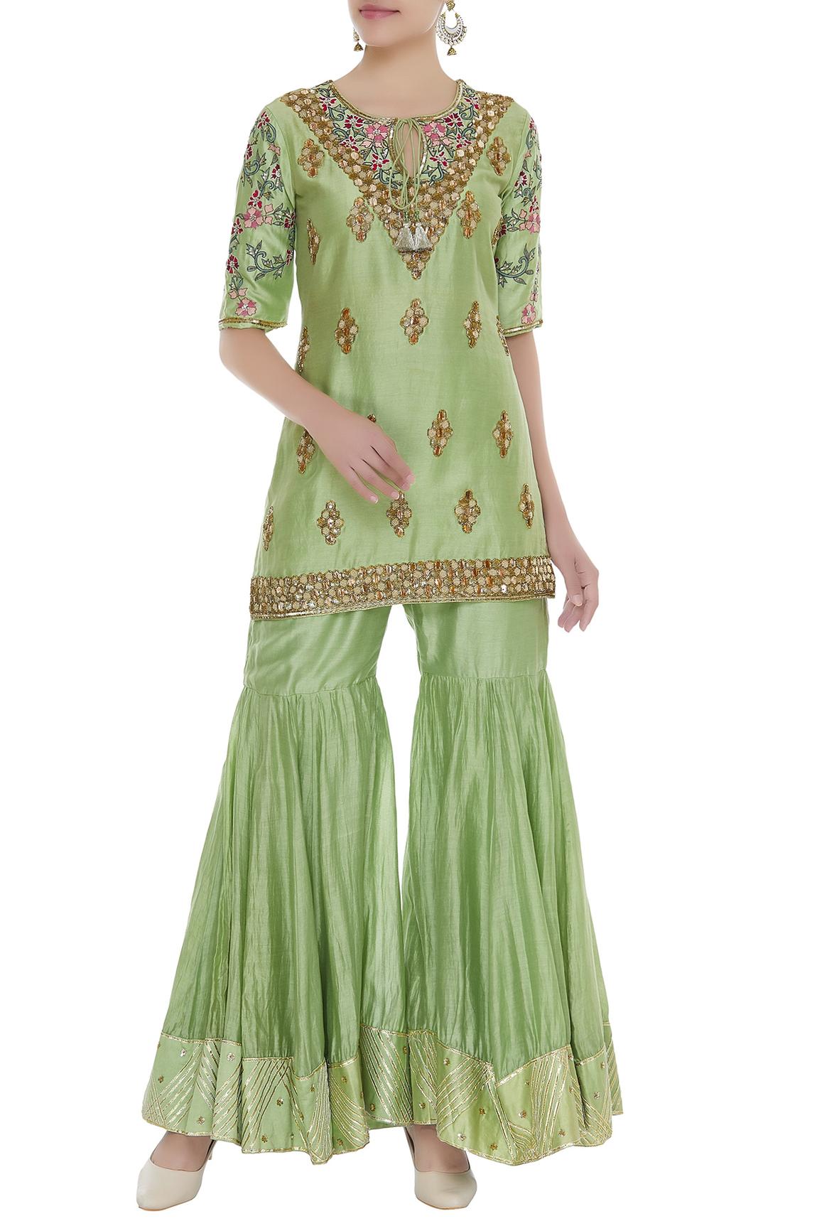 Green Embellished Kurta With Gharara