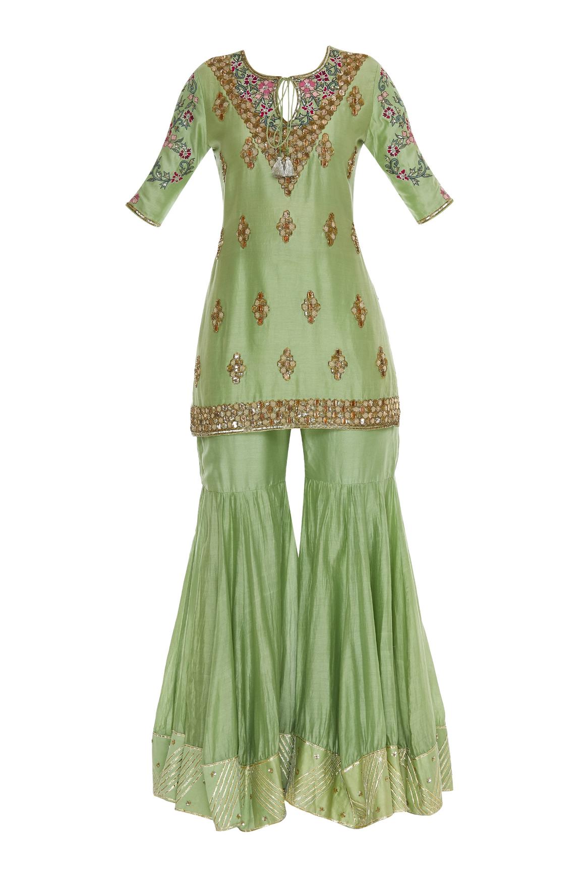 Green Embellished Kurta With Gharara