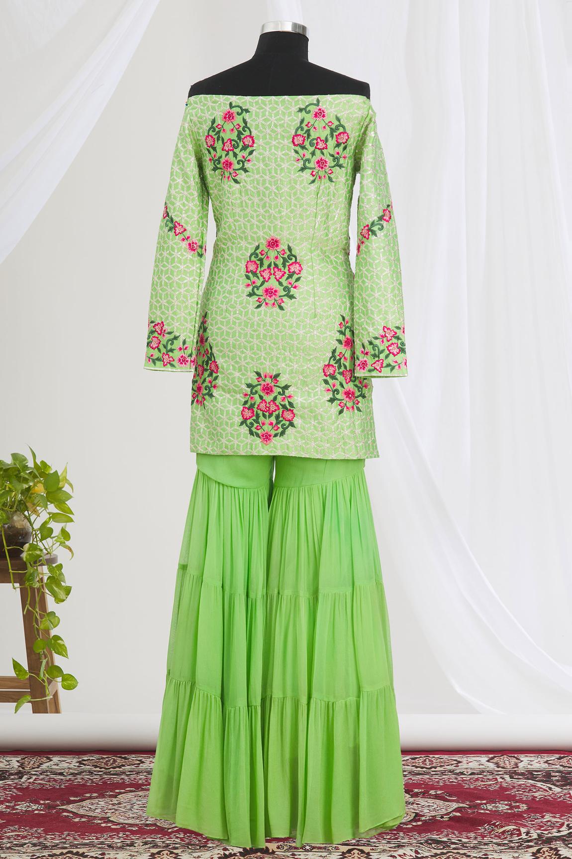 Green Embroidered Kurta Sharara Set