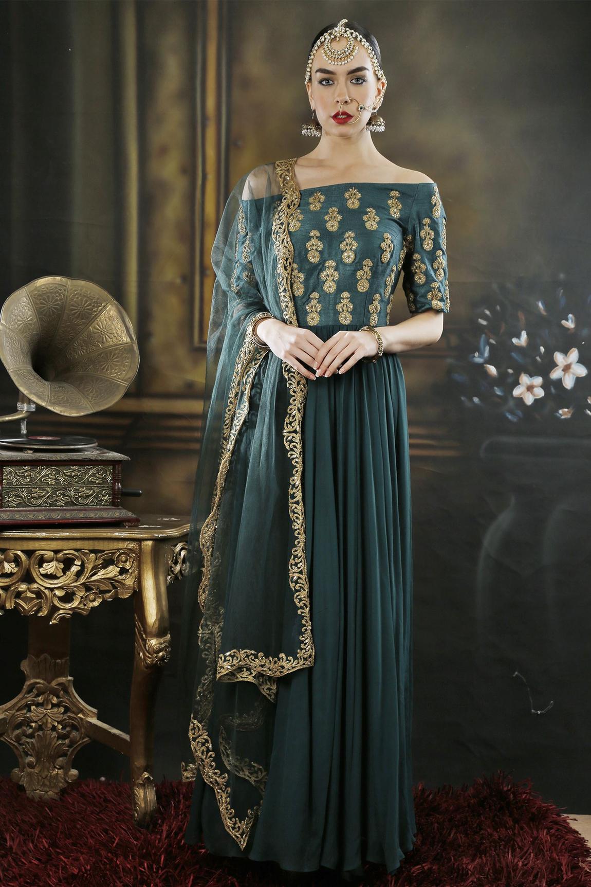 Green Georgette Off Shoulder Anarkali With Dupatta